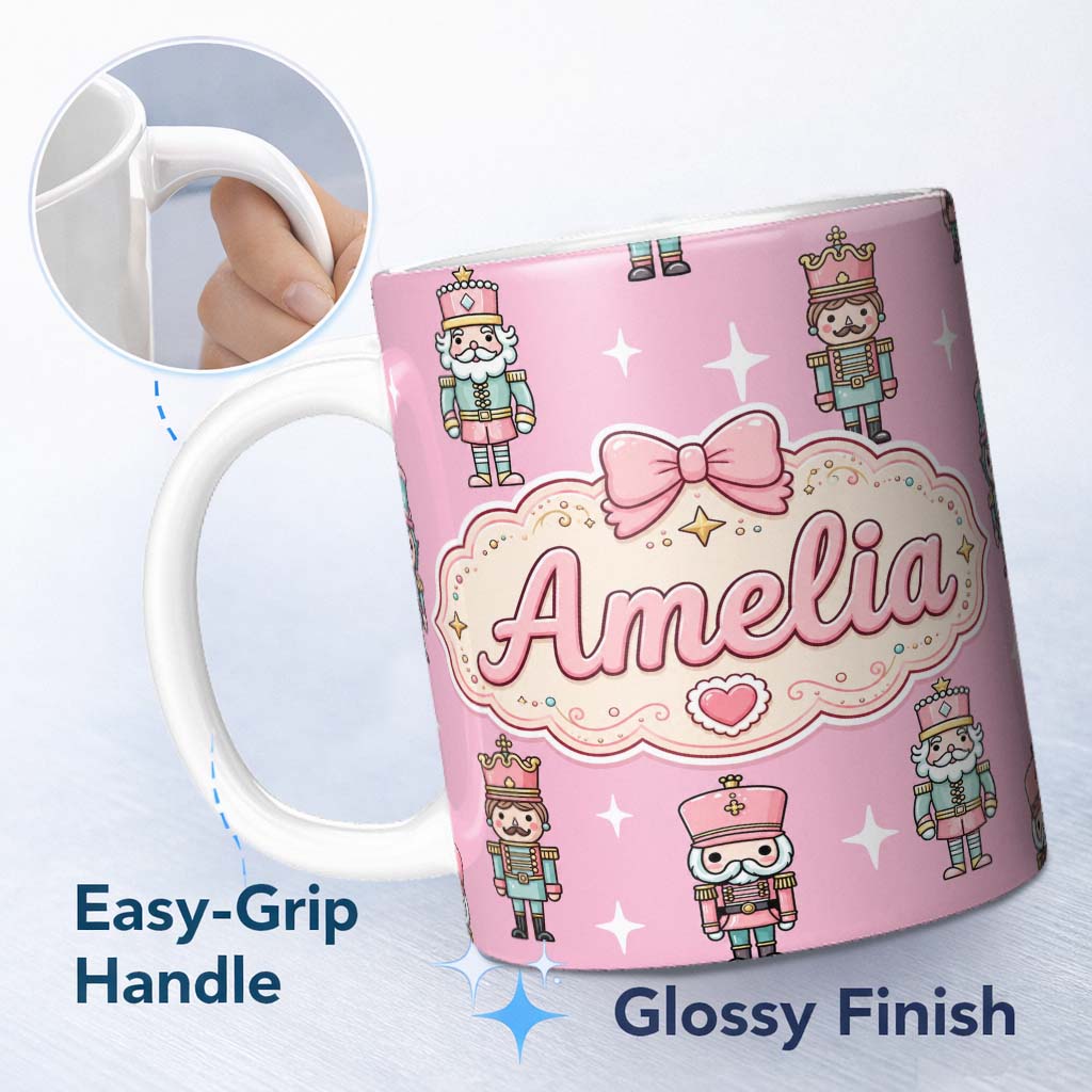Personalized Custom Name Nutcracker Soldiers Pastel Christmas Seamless Pattern Rose 11oz Ceramic Coffee Tea Mug White Large Handle