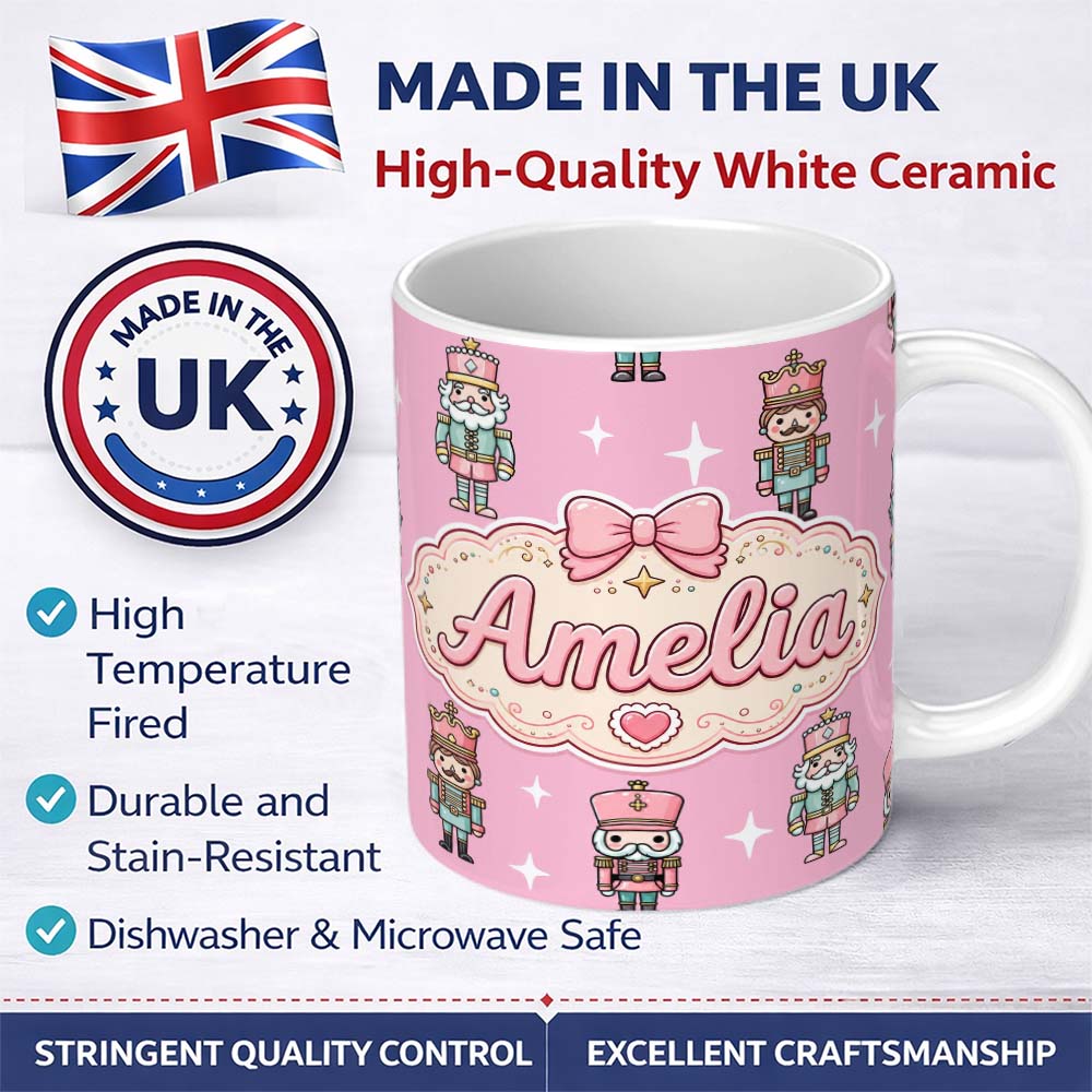 Personalized Custom Name Nutcracker Soldiers Pastel Christmas Seamless Pattern Rose 11oz Ceramic Coffee Tea Mug White Large Handle