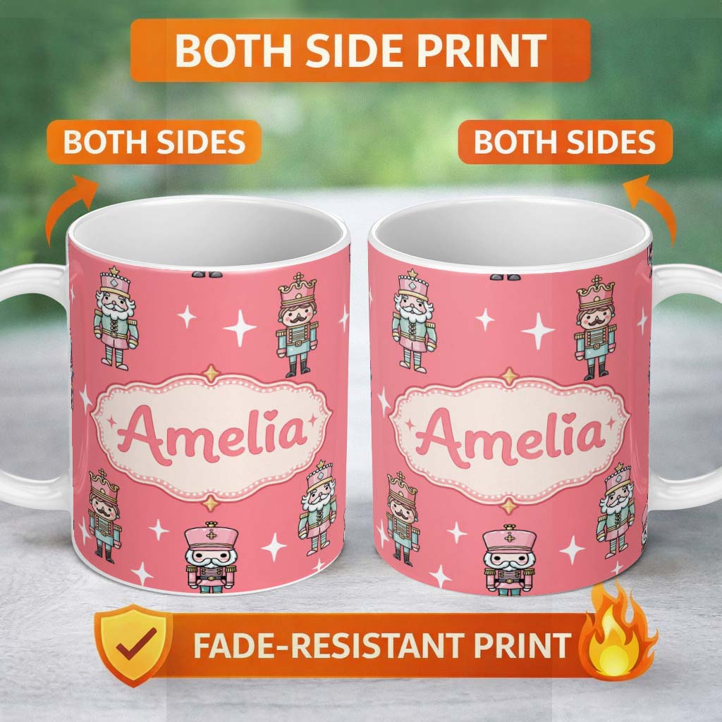 Personalized Custom Name Pastel Nutcracker Soldiers Christmas Seamless Pattern Coral 11oz Ceramic Coffee Tea Mug White Large Handle