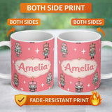 Personalized Custom Name Pastel Nutcracker Soldiers Christmas Seamless Pattern Coral 11oz Ceramic Coffee Tea Mug White Large Handle