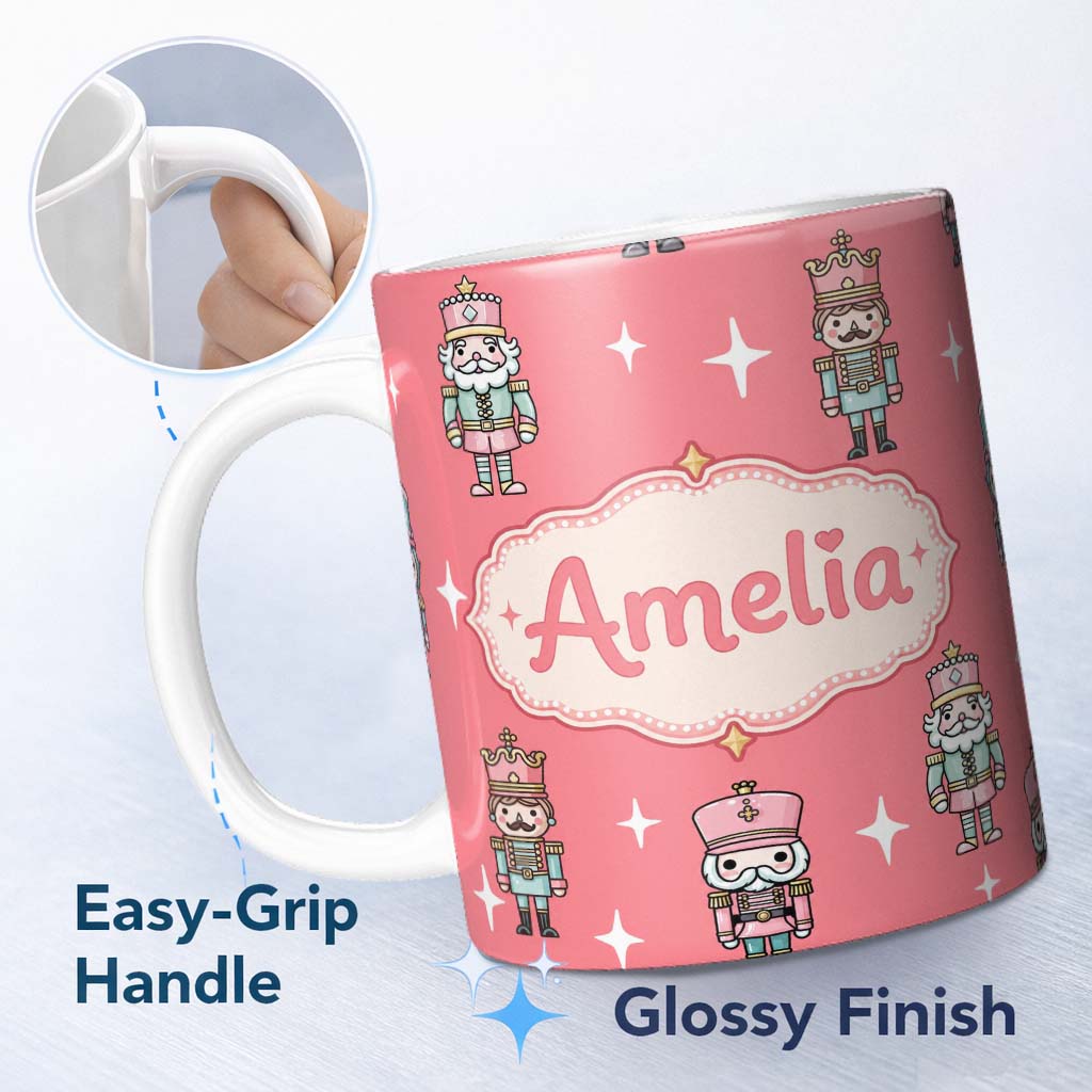 Personalized Custom Name Pastel Nutcracker Soldiers Christmas Seamless Pattern Coral 11oz Ceramic Coffee Tea Mug White Large Handle