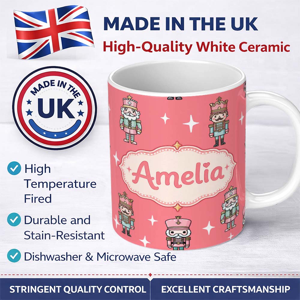 Personalized Custom Name Pastel Nutcracker Soldiers Christmas Seamless Pattern Coral 11oz Ceramic Coffee Tea Mug White Large Handle