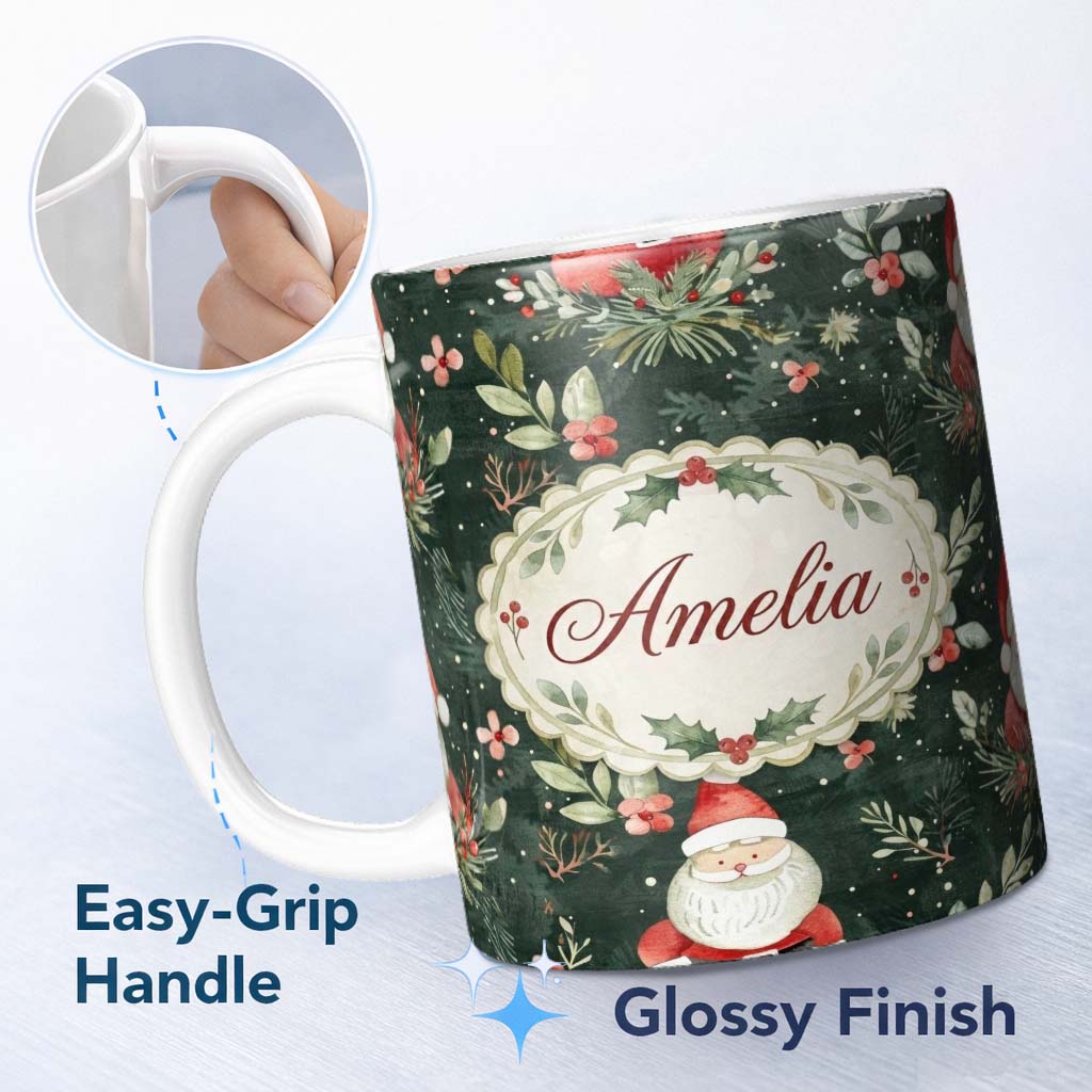Personalized Custom Name Watercolor Santa Claus Winter Foliage Dark Green Seamless Pattern 11oz Ceramic Coffee Tea Mug White Large Handle