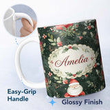 Personalized Custom Name Watercolor Santa Claus Winter Foliage Dark Green Seamless Pattern 11oz Ceramic Coffee Tea Mug White Large Handle