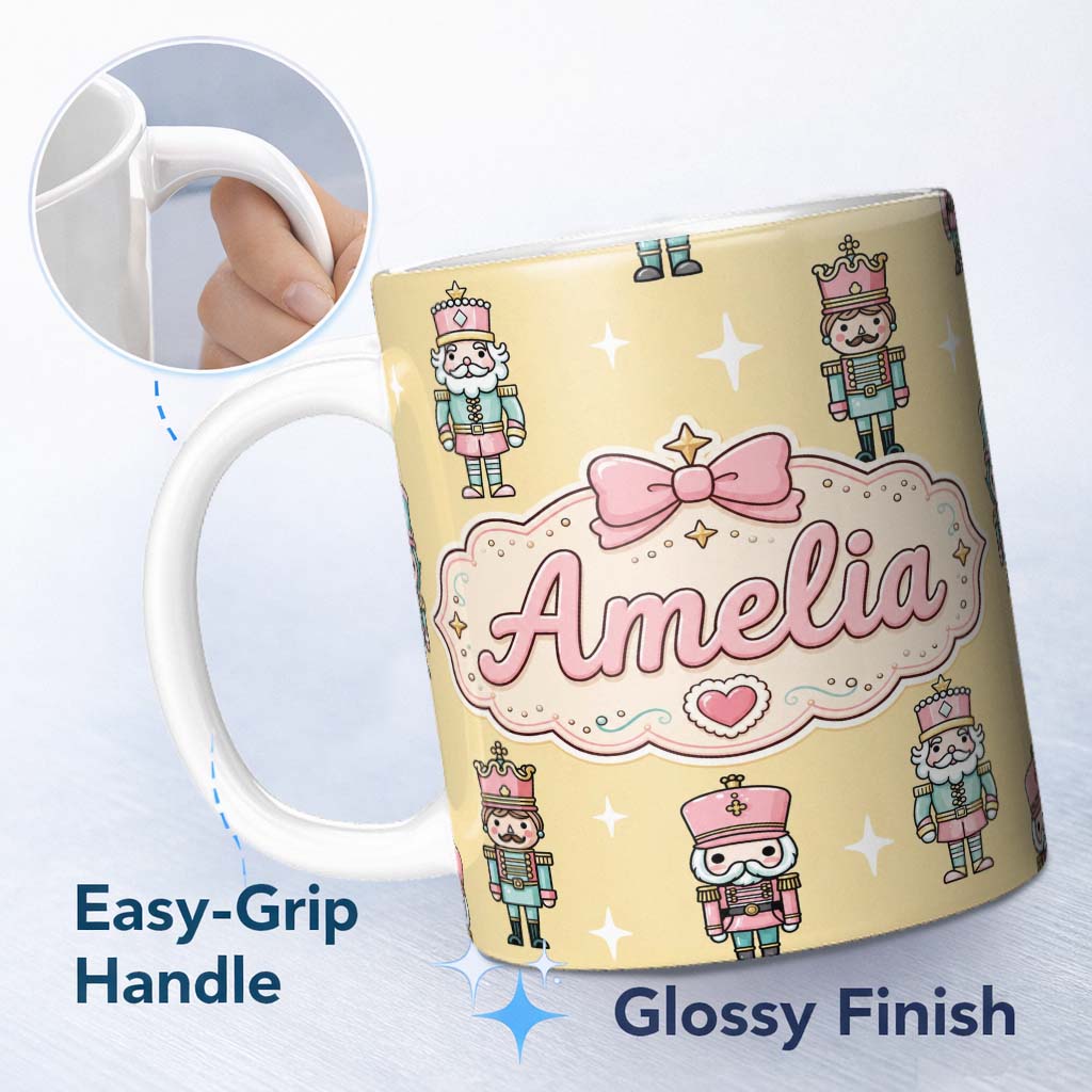Personalized Custom Name Pastel Nutcracker Soldiers Christmas Seamless Pattern Gold 11oz Ceramic Coffee Tea Mug White Large Handle