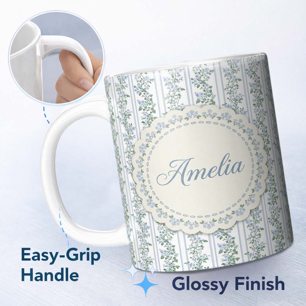 Personalized Custom Name Blue Floral Vine Stripe Seamless Pattern Beautiful Coffee Cup Lovely 11oz Ceramic Coffee Tea Mug White Large Handle