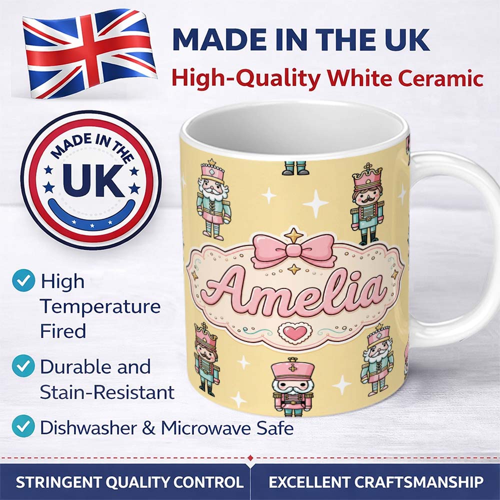 Personalized Custom Name Pastel Nutcracker Soldiers Christmas Seamless Pattern Gold 11oz Ceramic Coffee Tea Mug White Large Handle