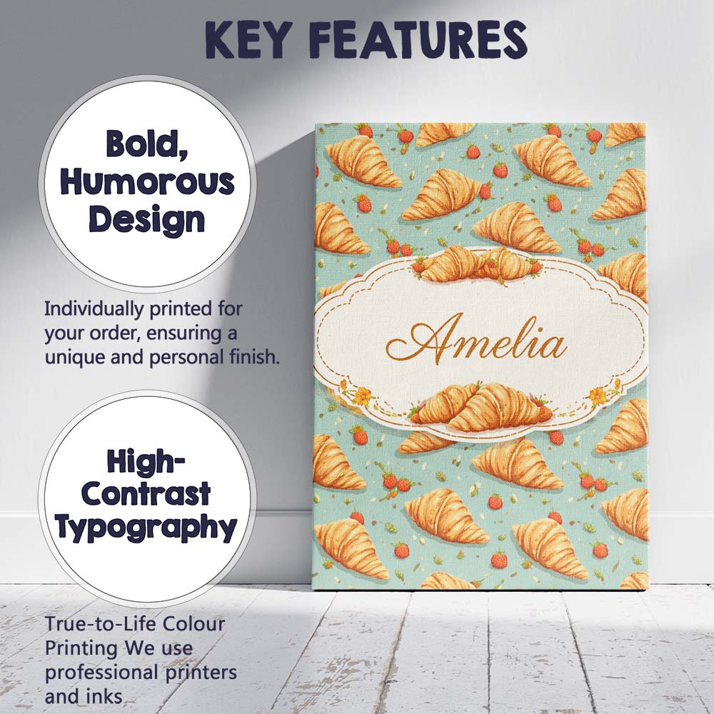 Personalised Name Croissant and Strawberry Playful Teal Background Custom  Unique Canvas Wall Art Print Decor Picture Ready to Hang