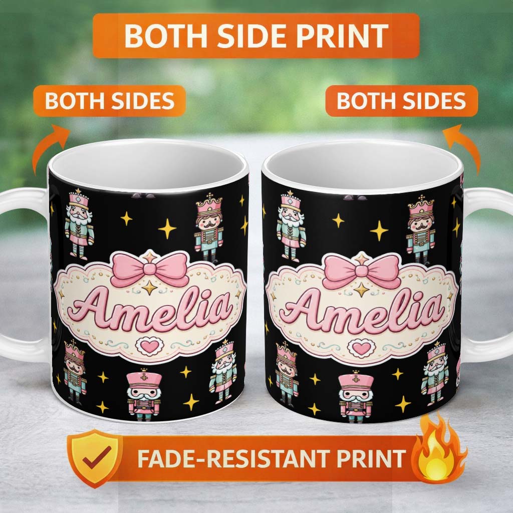 Personalized Custom Name Pastel Nutcracker Soldiers Christmas Seamless Pattern Black Star 11oz Ceramic Coffee Tea Mug White Large Handle