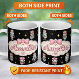 Personalized Custom Name Pastel Nutcracker Soldiers Christmas Seamless Pattern Black Star 11oz Ceramic Coffee Tea Mug White Large Handle