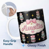 Personalized Custom Name Pastel Nutcracker Soldiers Christmas Seamless Pattern Black Star 11oz Ceramic Coffee Tea Mug White Large Handle