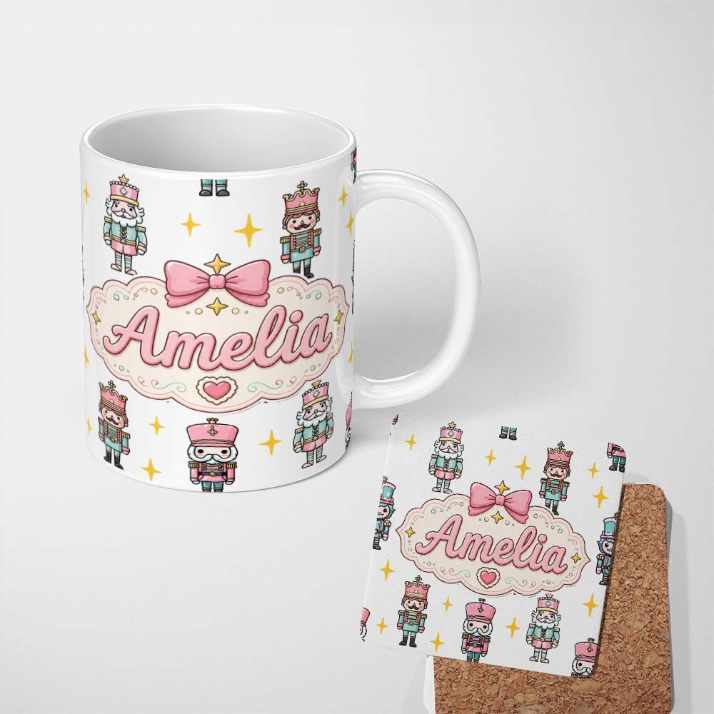 Personalized Custom Name Pastel Nutcracker Soldiers Christmas Seamless Pattern White Star 11oz Ceramic Coffee Tea Mug White Large Handle