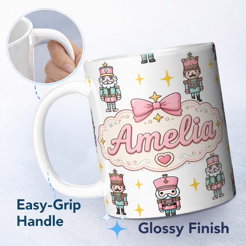 Personalized Custom Name Pastel Nutcracker Soldiers Christmas Seamless Pattern White Star 11oz Ceramic Coffee Tea Mug White Large Handle