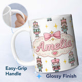 Personalized Custom Name Pastel Nutcracker Soldiers Christmas Seamless Pattern White Star 11oz Ceramic Coffee Tea Mug White Large Handle