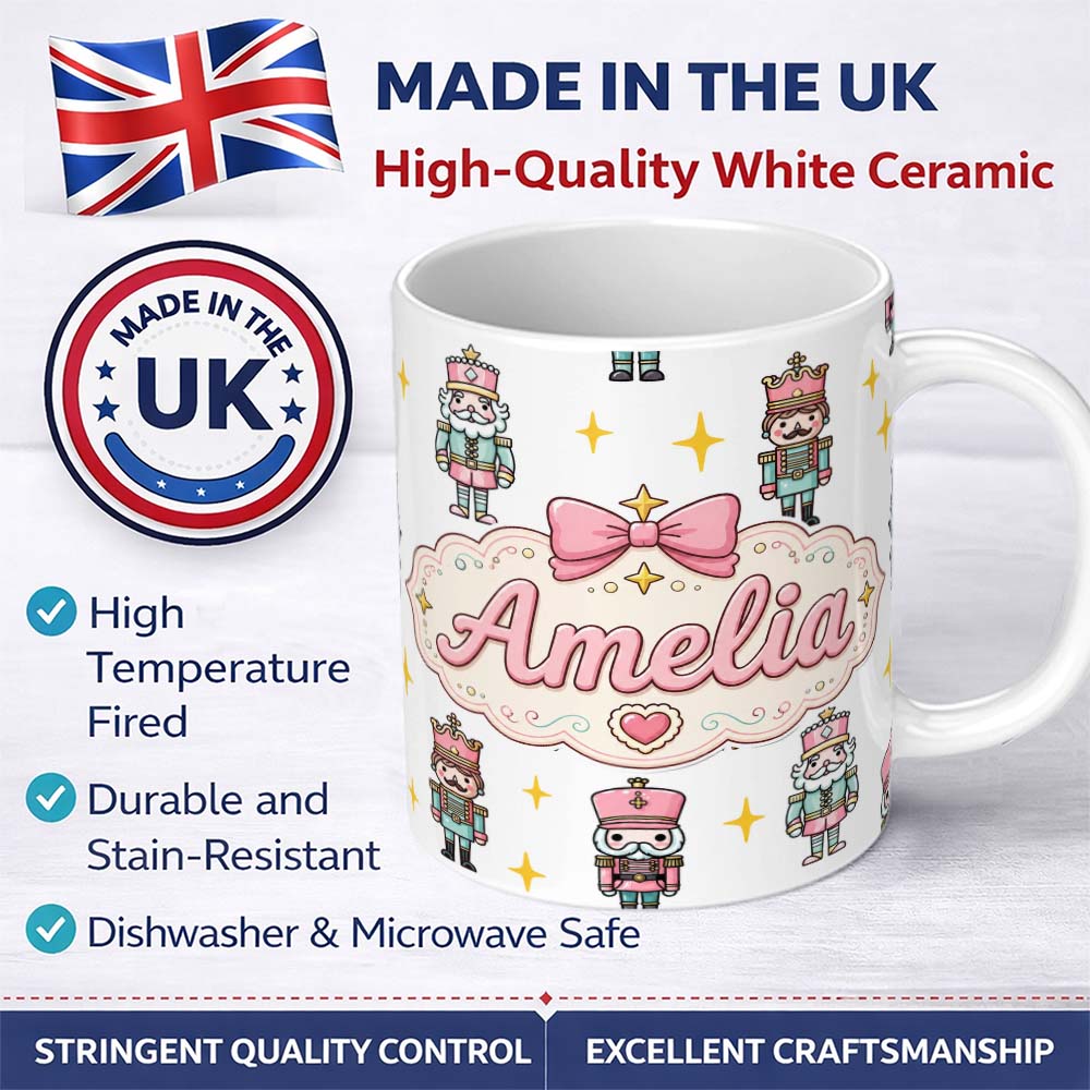 Personalized Custom Name Pastel Nutcracker Soldiers Christmas Seamless Pattern White Star 11oz Ceramic Coffee Tea Mug White Large Handle