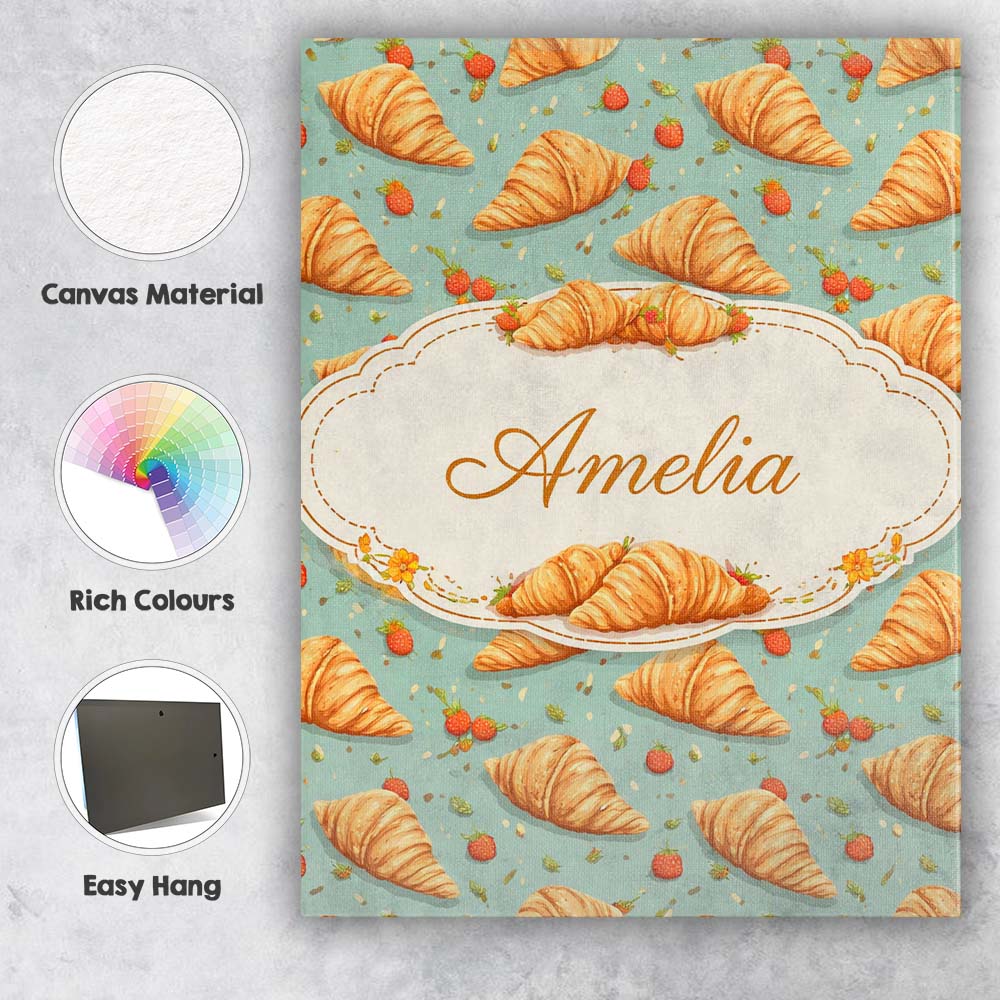 Personalised Name Croissant and Strawberry Playful Teal Background Custom  Unique Canvas Wall Art Print Decor Picture Ready to Hang