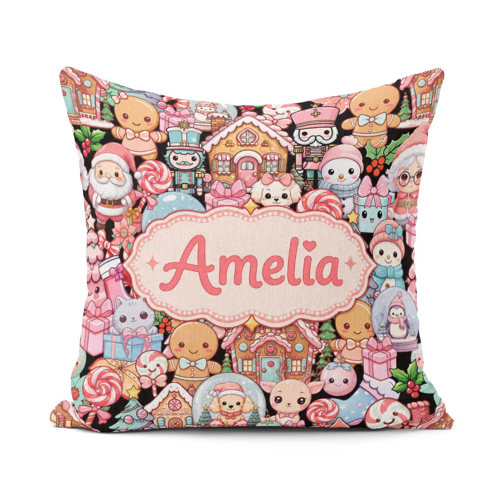 Custom Name Christmas Gingerbread Candy Santa Snowman Characters Square Filled Cushion Throw Pillow Sofa Bed Home Decor Zip Washable UK Made