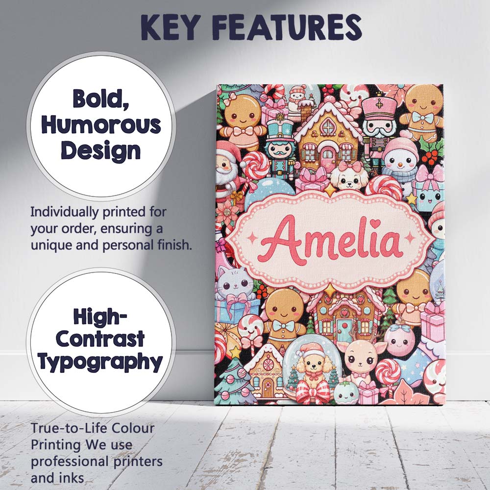 Personalised Name Cute Christmas Gingerbread Custom Bespoke  Contemporary Display Canvas Wall Art Print Decor Picture Ready to Hang