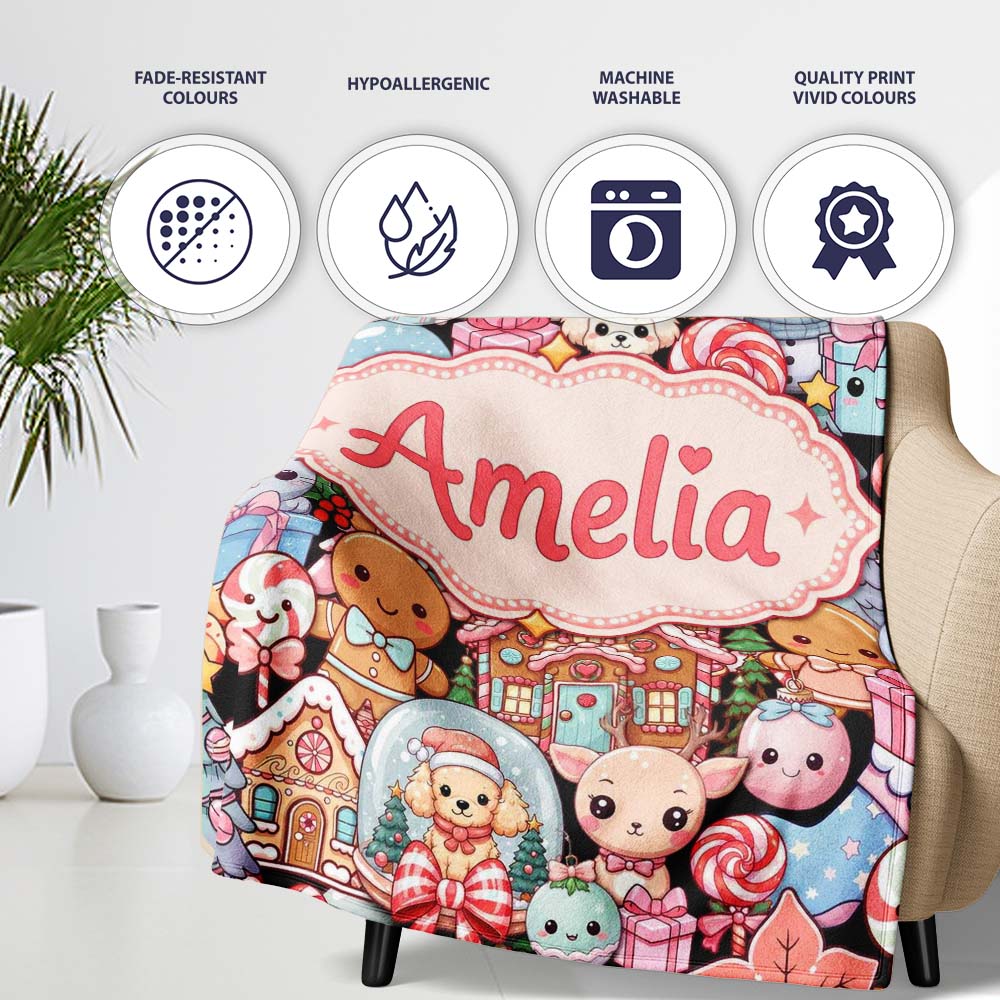 Cute Christmas Gingerbread Candy Santa Snowman Characters Seamless  Personalised Custom Name Super Soft Fleece Blanket Bed Sofa Throw