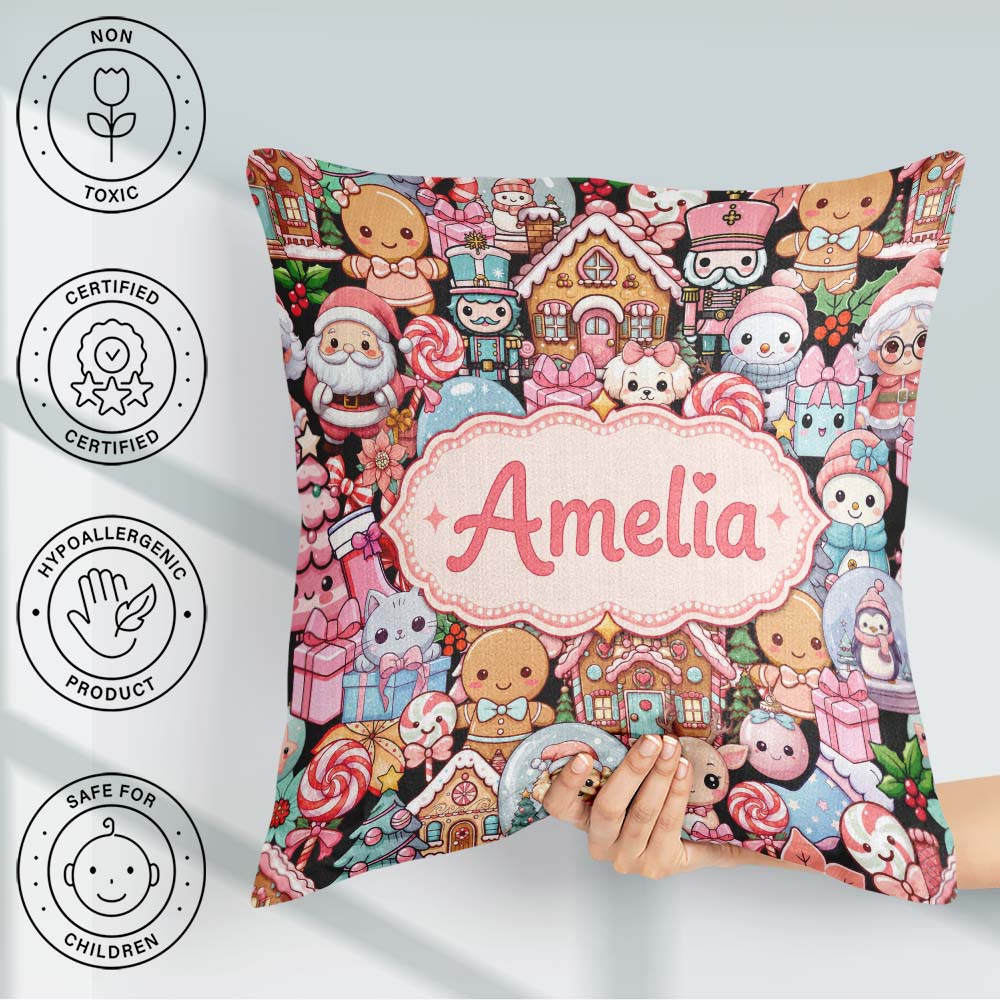 Custom Name Christmas Gingerbread Candy Santa Snowman Characters Square Filled Cushion Throw Pillow Sofa Bed Home Decor Zip Washable UK Made
