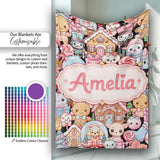 Cute Christmas Gingerbread Candy Santa Snowman Characters Seamless  Personalised Custom Name Super Soft Fleece Blanket Bed Sofa Throw