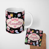 Personalized Custom Name Cute Christmas Santa Snowman Gifts Candy Cane Seamless Pattern 11oz Ceramic Coffee Tea Mug White Large Handle