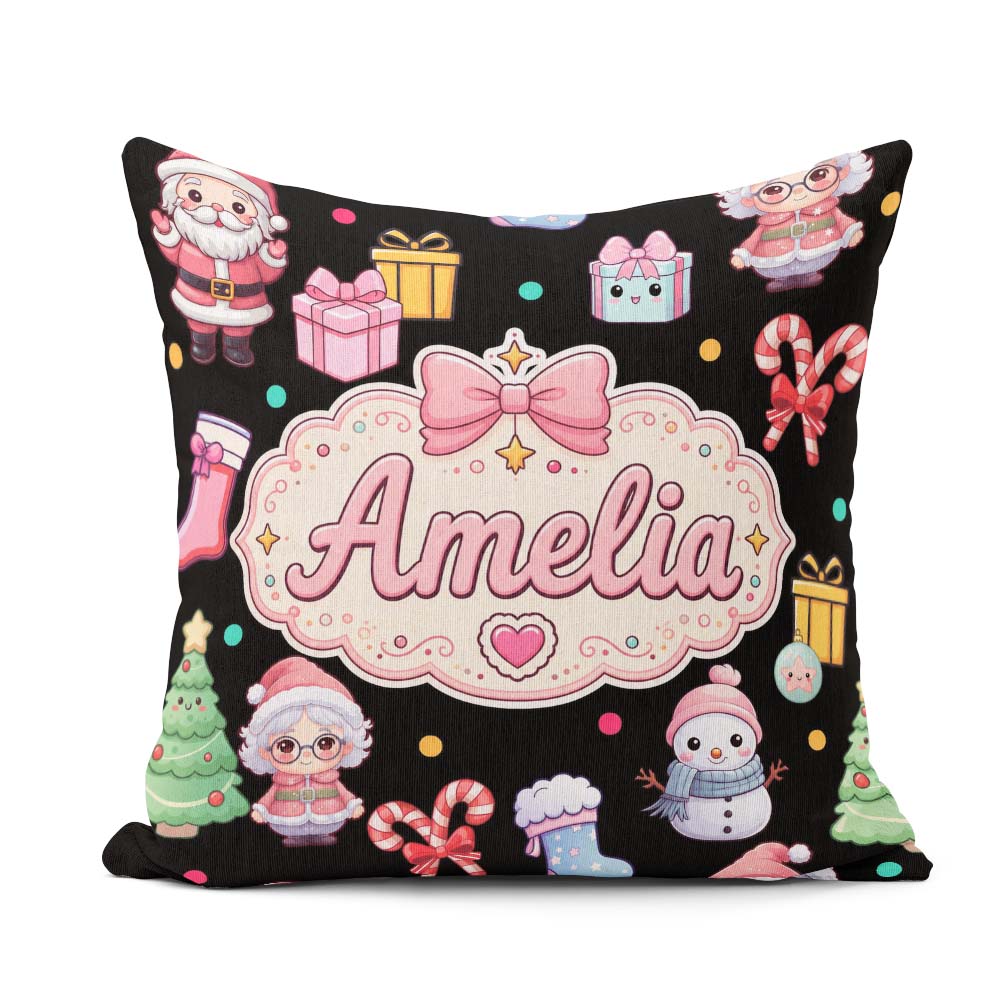 Custom Name Cute Santa Snowman Gifts Candy Cane Seamless Pattern Square Filled Cushion Throw Pillow Sofa Bed Home Decor Zip Washable UK Made