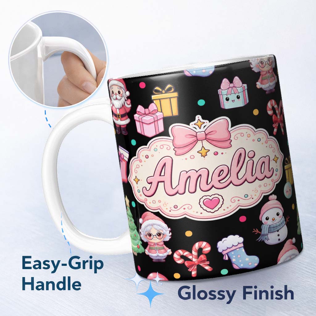 Personalized Custom Name Cute Christmas Santa Snowman Gifts Candy Cane Seamless Pattern 11oz Ceramic Coffee Tea Mug White Large Handle
