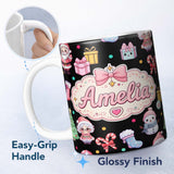 Personalized Custom Name Cute Christmas Santa Snowman Gifts Candy Cane Seamless Pattern 11oz Ceramic Coffee Tea Mug White Large Handle
