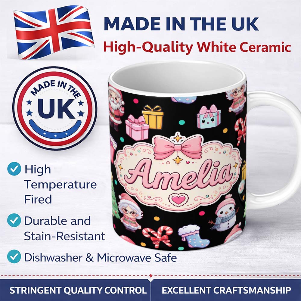 Personalized Custom Name Cute Christmas Santa Snowman Gifts Candy Cane Seamless Pattern 11oz Ceramic Coffee Tea Mug White Large Handle