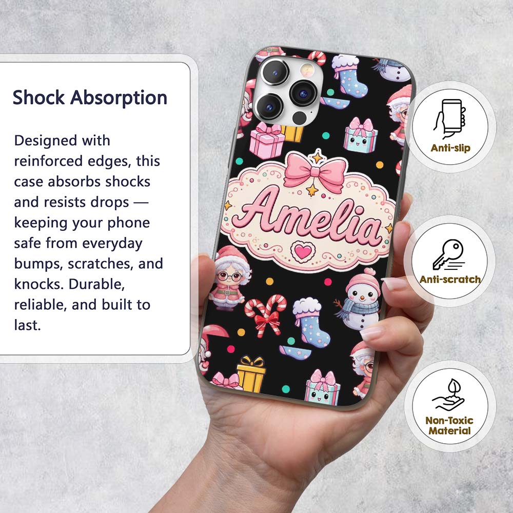 Cute Christmas Santa Snowman Gifts Candy Cane Custom Name Protective Phone Case Mobile Cover Durable Everyday Smartphone Shock Resistant