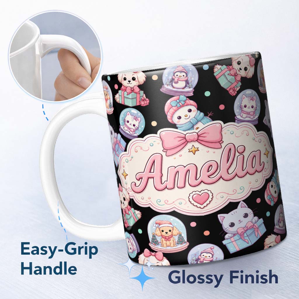 Personalized Custom Name Christmas Santa Snowman Gift Candy Cane Seamless Pattern Soft White 11oz Ceramic Coffee Tea Mug White Large Handle