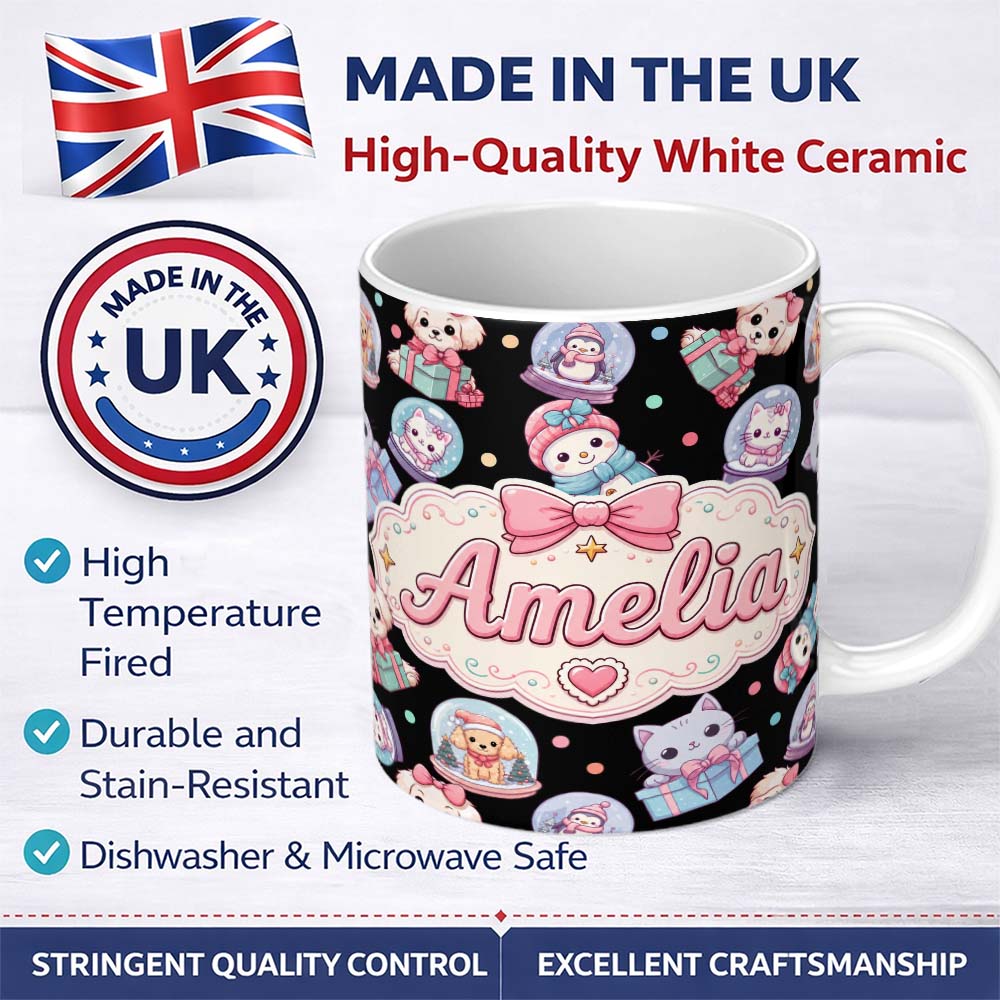 Personalized Custom Name Christmas Santa Snowman Gift Candy Cane Seamless Pattern Soft White 11oz Ceramic Coffee Tea Mug White Large Handle