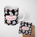 Personalized Custom Name Cute Christmas Pets Snow Globe Snowman Gift Boxes Seamless Pattern 11oz Ceramic Coffee Tea Mug White Large Handle