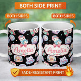 Personalized Custom Name Cute Christmas Pets Snow Globe Snowman Gift Boxes Seamless Pattern 11oz Ceramic Coffee Tea Mug White Large Handle