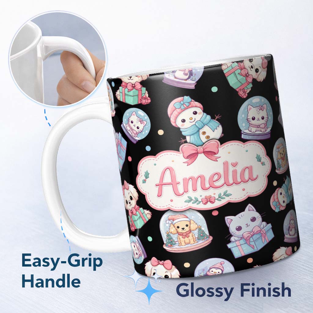 Personalized Custom Name Cute Christmas Pets Snow Globe Snowman Gift Boxes Seamless Pattern 11oz Ceramic Coffee Tea Mug White Large Handle
