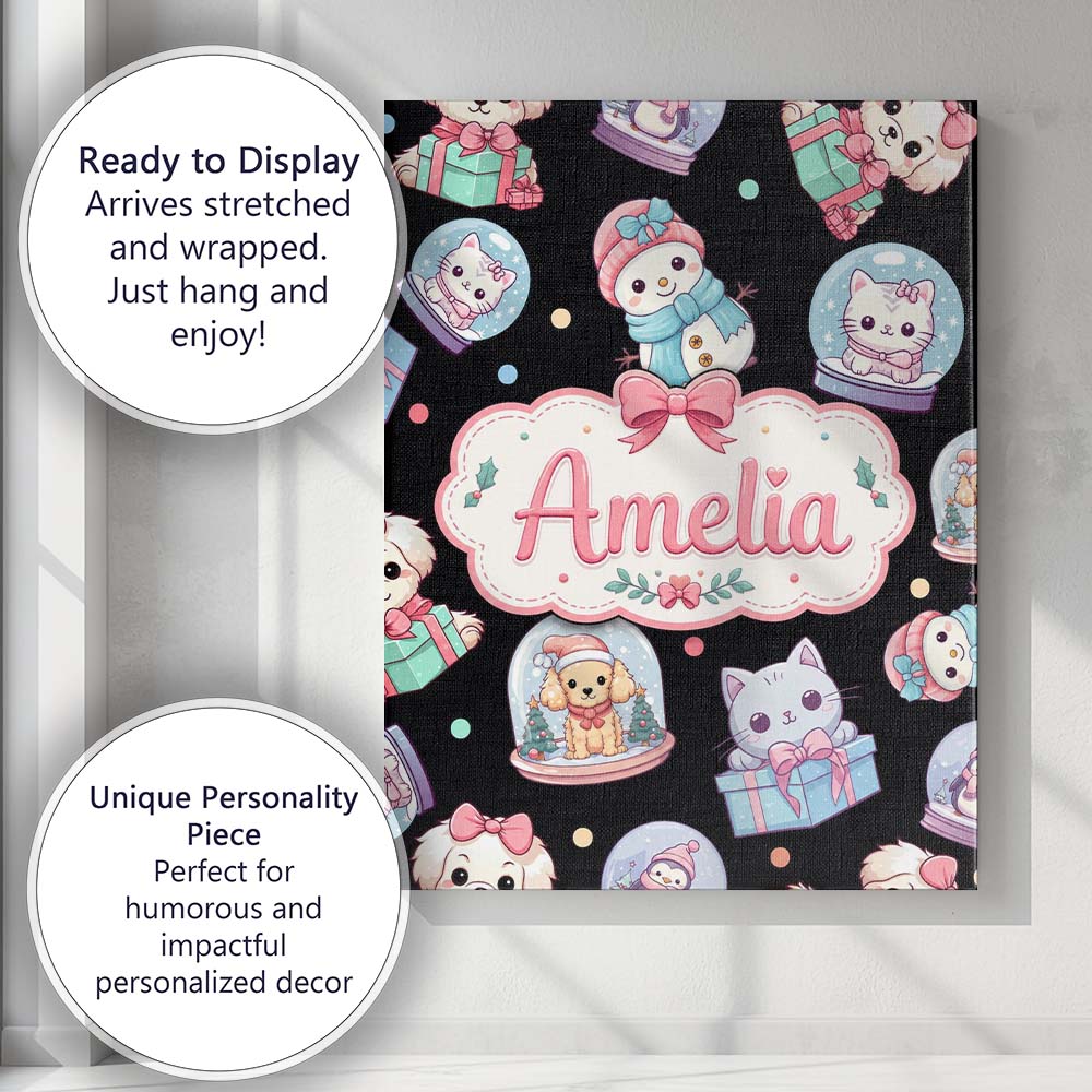 Personalised Name Cute Christmas Pets Snow Custom  Unique Gift Idea Elegant Feature Canvas Wall Art Print Decor Picture Ready to Hang