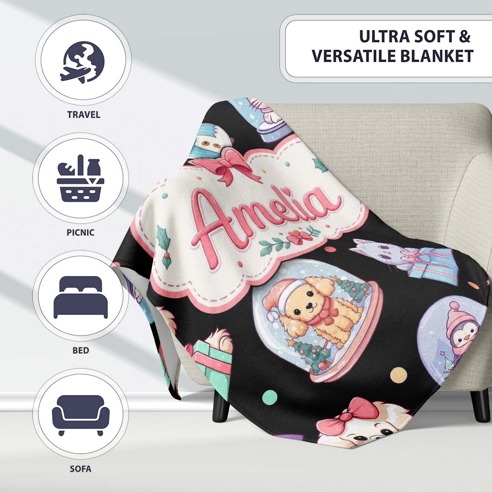 Cute Christmas Pets Snow Globe Snowman Gift Boxes Seamless Pattern  Personalised Custom Name Super Soft Fleece Blanket Bed Sofa Throw