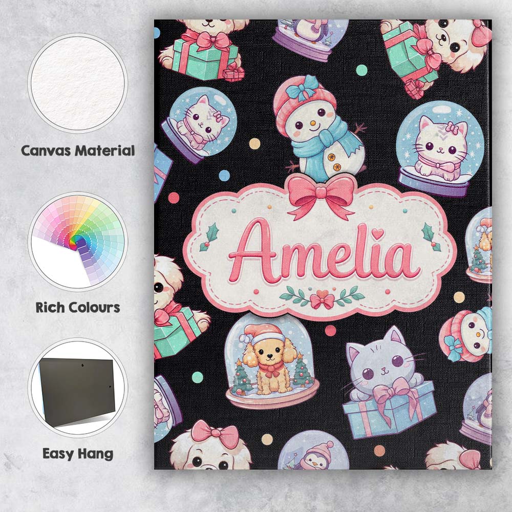 Personalised Name Cute Christmas Pets Snow Custom  Unique Gift Idea Elegant Feature Canvas Wall Art Print Decor Picture Ready to Hang