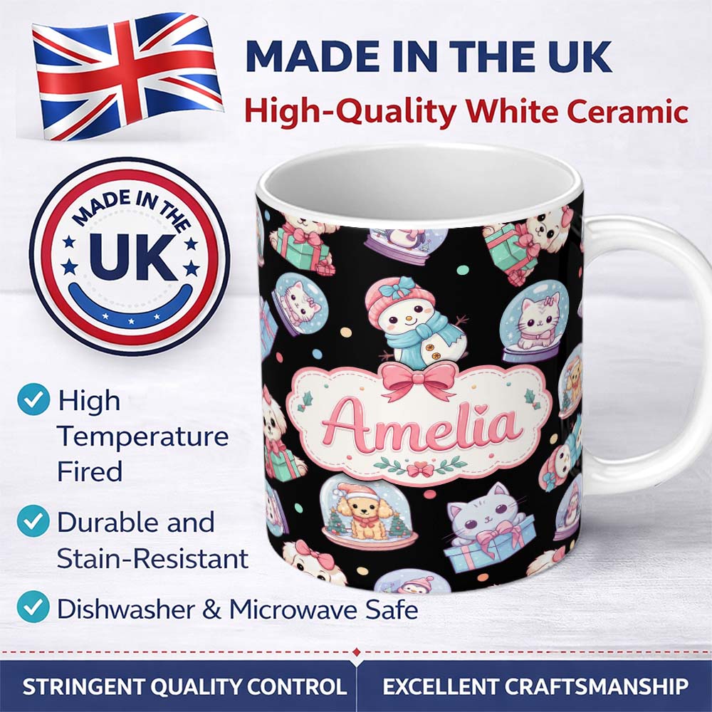Personalized Custom Name Cute Christmas Pets Snow Globe Snowman Gift Boxes Seamless Pattern 11oz Ceramic Coffee Tea Mug White Large Handle