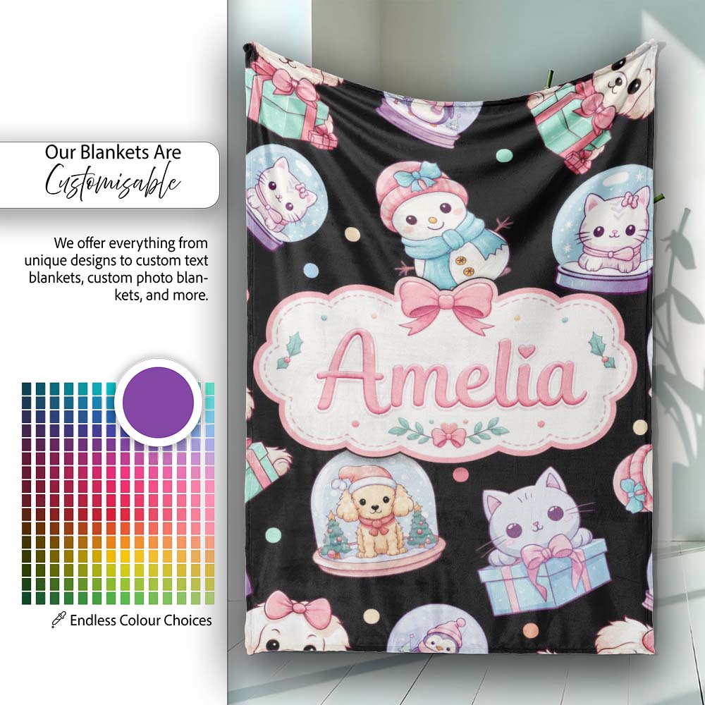 Cute Christmas Pets Snow Globe Snowman Gift Boxes Seamless Pattern  Personalised Custom Name Super Soft Fleece Blanket Bed Sofa Throw