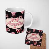 Personalized Custom Name Cute Christmas Candy Cane and Ribbon Bow Sweet Treat Seamless 11oz Ceramic Coffee Tea Mug White Large Handle
