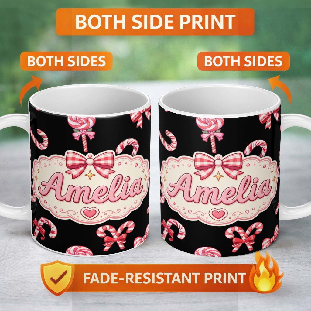 Personalized Custom Name Cute Christmas Candy Cane and Ribbon Bow Sweet Treat Seamless 11oz Ceramic Coffee Tea Mug White Large Handle