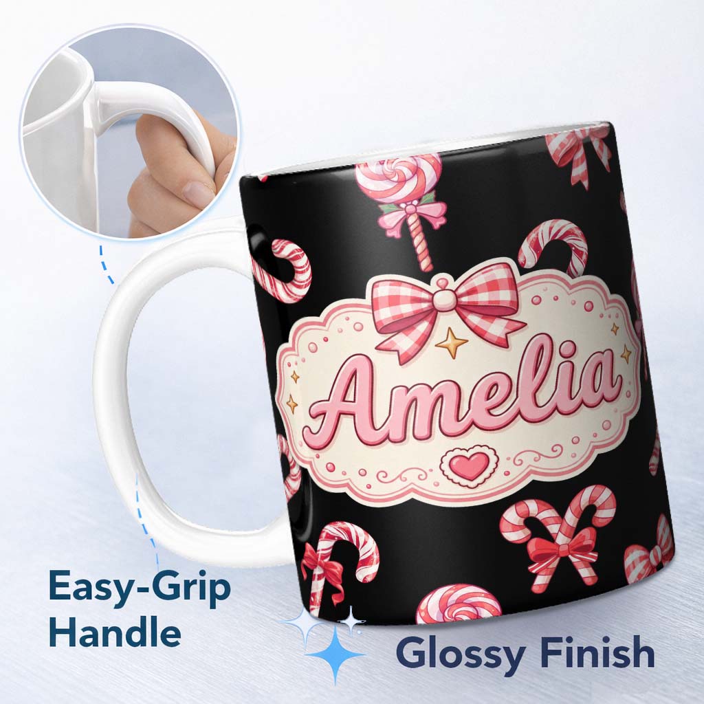 Personalized Custom Name Cute Christmas Candy Cane and Ribbon Bow Sweet Treat Seamless 11oz Ceramic Coffee Tea Mug White Large Handle