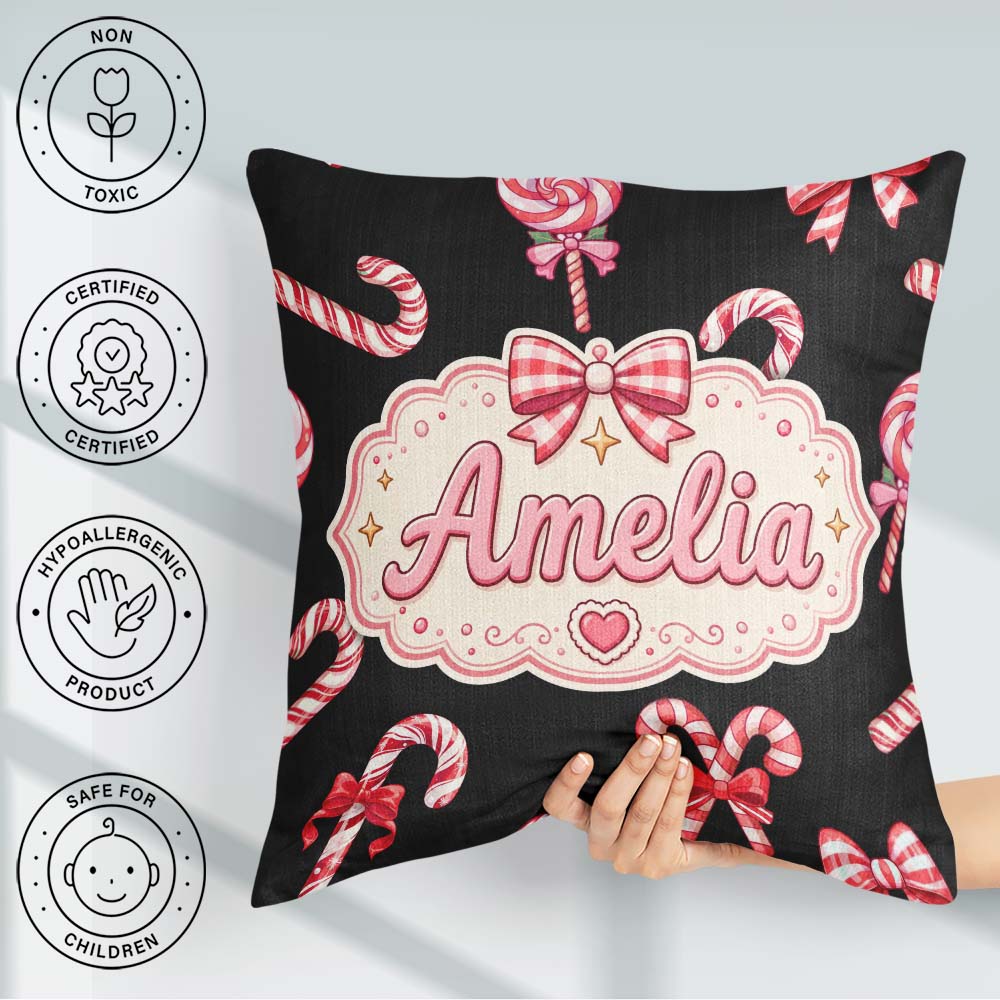 Custom Name Cute Christmas Candy Cane and Ribbon Bow Sweet Treat Square Filled Cushion Throw Pillow Sofa Bed Home Decor Zip Washable UK Made