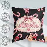 Custom Name Cute Christmas Candy Cane and Ribbon Bow Sweet Treat Square Filled Cushion Throw Pillow Sofa Bed Home Decor Zip Washable UK Made