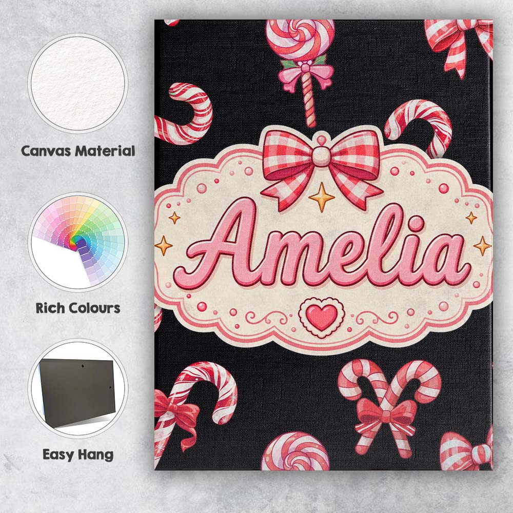 Personalised Name Cute Christmas Candy Cane Custom  Bespoke Interior Contemporary Canvas Wall Art Print Decor Picture Ready to Hang