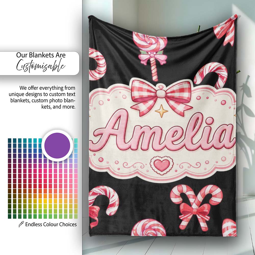 Cute Christmas Candy Cane and Ribbon Bow Sweet Treat Seamless  Personalised Custom Name Super Soft Fleece Blanket Bed Sofa Throw