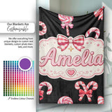 Cute Christmas Candy Cane and Ribbon Bow Sweet Treat Seamless  Personalised Custom Name Super Soft Fleece Blanket Bed Sofa Throw