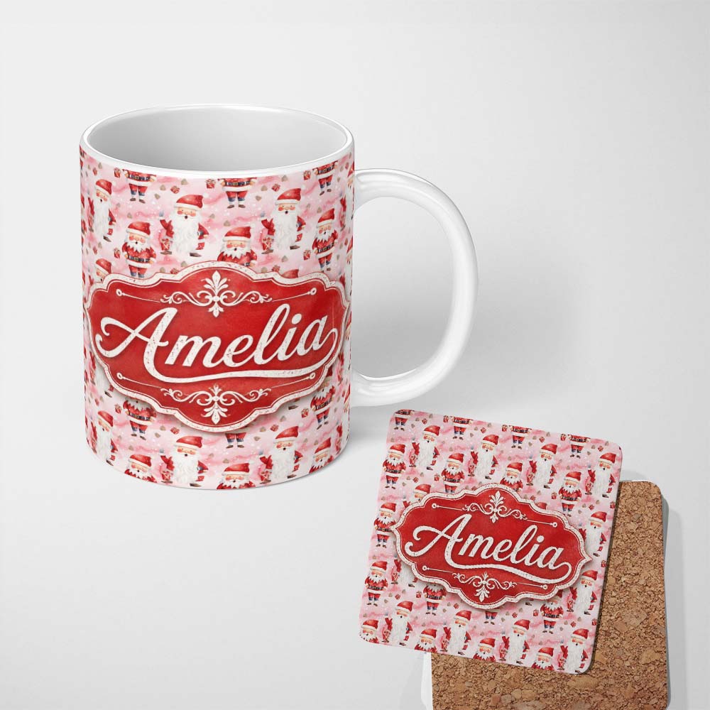 Personalized Custom Name Cute Cartoon Santa Pink Snow Gift Pattern Whimsical Christmas Lovely 11oz Ceramic Coffee Tea Mug White Large Handle